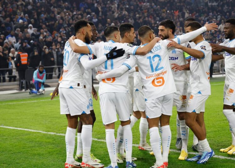 L'OM enchaîne - La communion des joueurs de l'OM pares le but d'Aubameyang. Victoire 2-0 face à Rennes